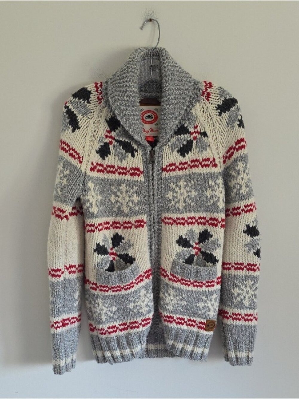 ROOTS x Mary Maxim | cowichan snowflake wool cardigan jacket wool Mens Sz S - Picture 2 of 6